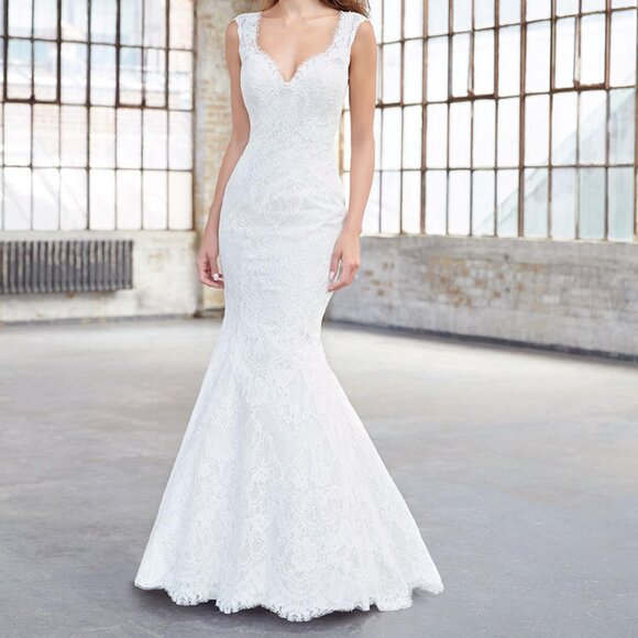 Mermaid Backless Ivory Wedding Dress, Romantic Boho Fitted Sexy Fit & Flare - Picture 1 of 10